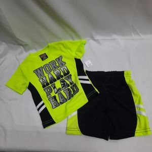 NWT Mad Game 2 piece Boy Neon Yellow Blk Work Hard Play Hard Short Set Size 12 M